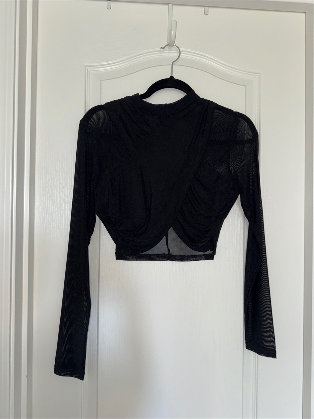 privy Black Sheer Draped Long Sleeve Crop Top
